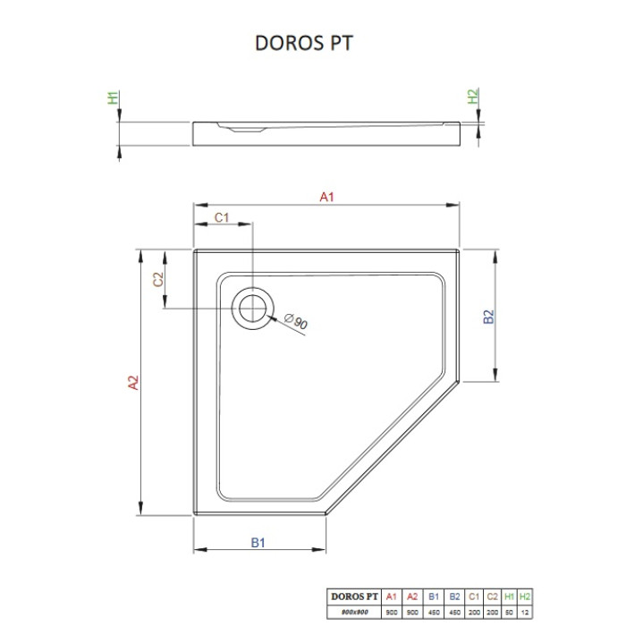 Поддон душевой пятиугольный Radaway Doros Plus PT 90 (SDRPTP9090-01)