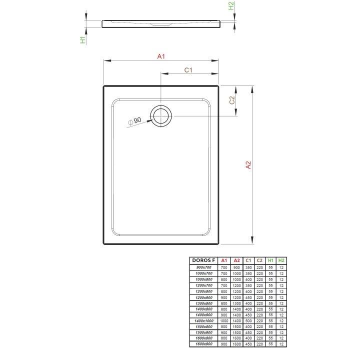 Душевой поддон Doros F 1200x800x55 белый SDRF1280-01-04S
